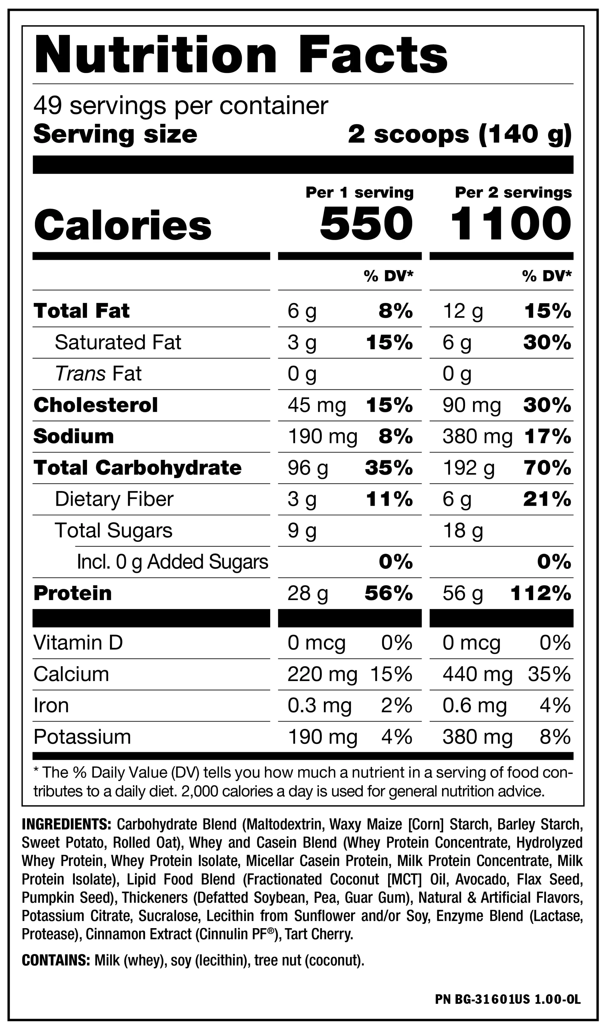 información nutricional mutant mass 15lb