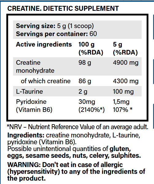 tabla creatina 300g yava labs
